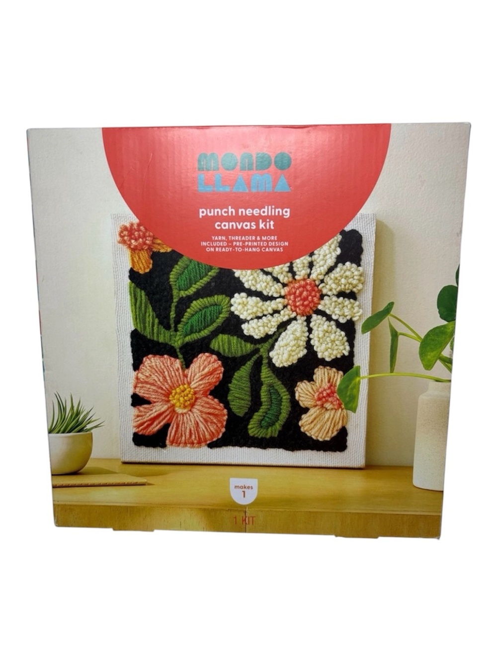 Coral & Cream Floral Punch Needling Canvas Kit Mondo Llama